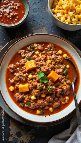 Savory carbonada with corn and squash in ceramic bowl, culinary delight photo