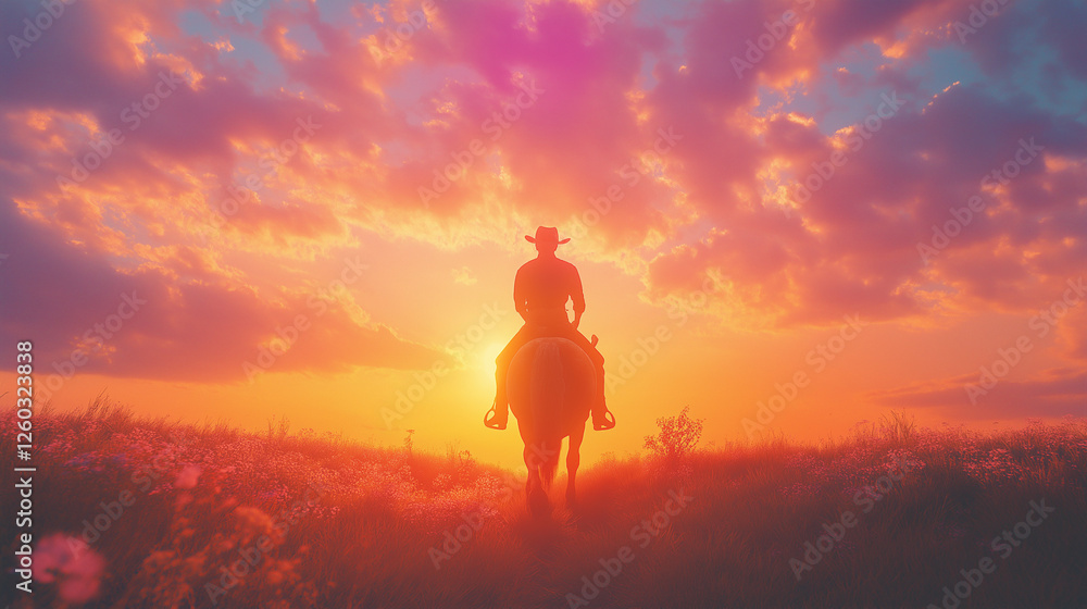 Fototapeta premium Lone cowboy on horseback riding into the sunset.