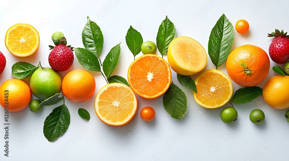 Colorful citrus fruits, berries, and leaves on white. Healthy food banner Colorful citrus fruits, berries, and leaves on white. Healthy food banner