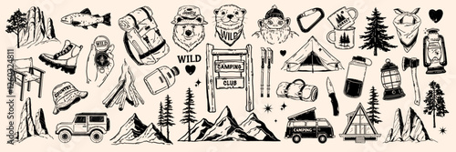 Camping doodle icon set, hand drawn forest adventure line sticker, vector mountain hiking objects. Cute bear logotype, outdoor activity adventure badge print, campfire, backpack, tent. Camping doodle