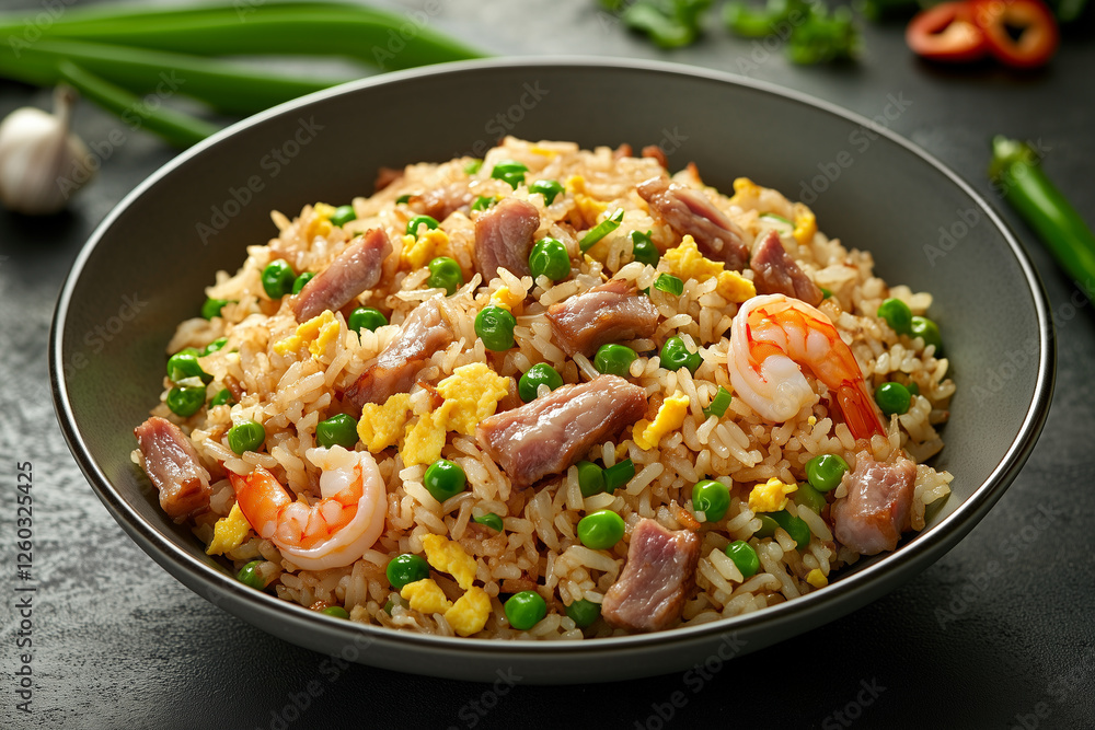 Chinese fried rice stir-fried with golden rice grains, scrambled egg, diced BBQ pork, shrimp, green peas, and finely chopped scallions. Chinese fried rice stir-fried with golden rice grains, scrambled egg, diced BBQ pork, shrimp, green peas, and finely chopped scallions.