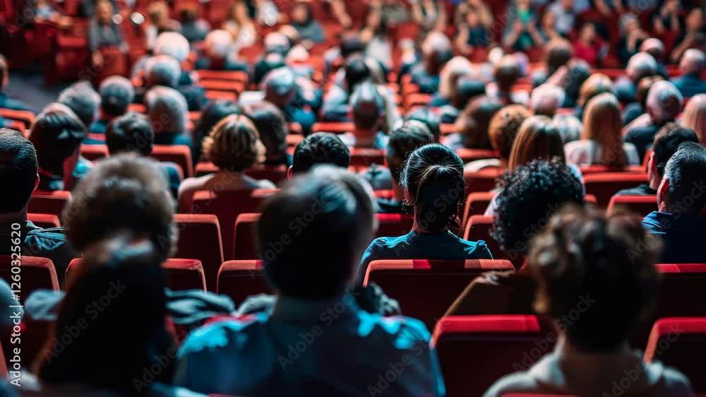 A diverse audience is gathered in a theater, focused intently on a performance, with evening light casting shadows across their attentive faces seated in red chairs. A diverse audience is gathered in a theater, focused intently on a performance, with evening light casting shadows across their attentive faces seated in red chairs.