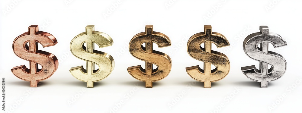 Metallic Dollar Symbols on White, a striking arrangement of shiny currency icons emphasizing wealth and prosperity Metallic Dollar Symbols on White, a striking arrangement of shiny currency icons emphasizing wealth and prosperity