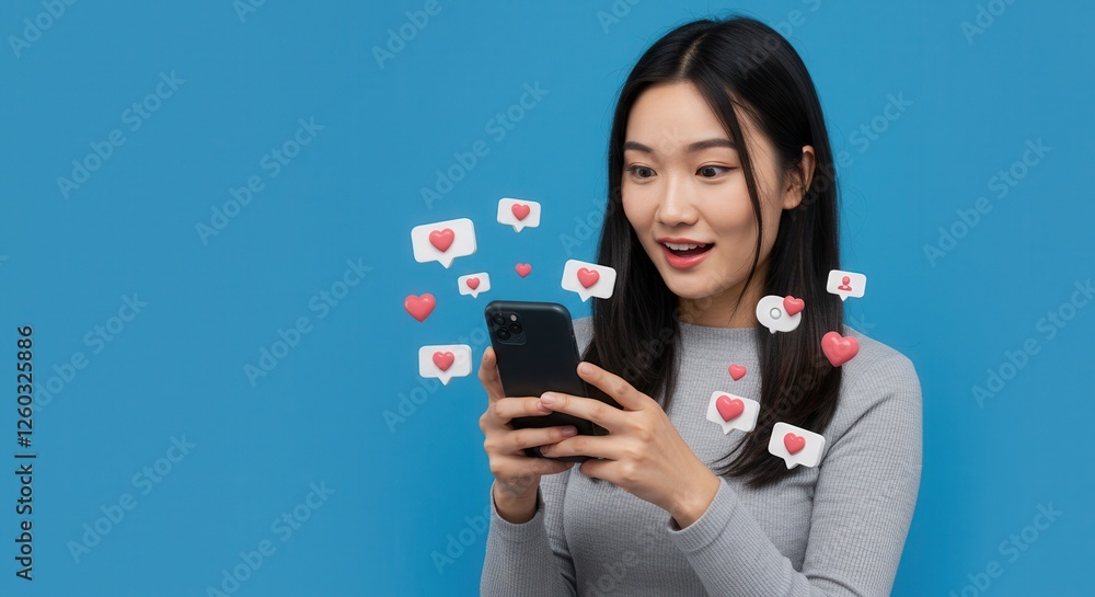 Woman holding a phone with red heart icons around her, smiling. Isolated on white background. Concept of social media, online interaction, technology Woman holding a phone with red heart icons around her, smiling. Isolated on white background. Concept of social media, online interaction, technology