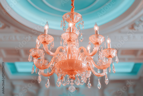 Elegant crystal chandelier with teal ceiling background