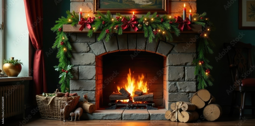 A garland of evergreen and holly wraps around the fireplace, evergreen, fireplace A garland of evergreen and holly wraps around the fireplace, evergreen, fireplace