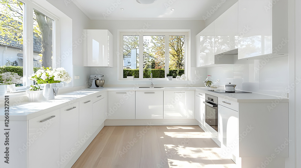Fototapeta premium Modern white kitchen, sunlight, garden view, home design