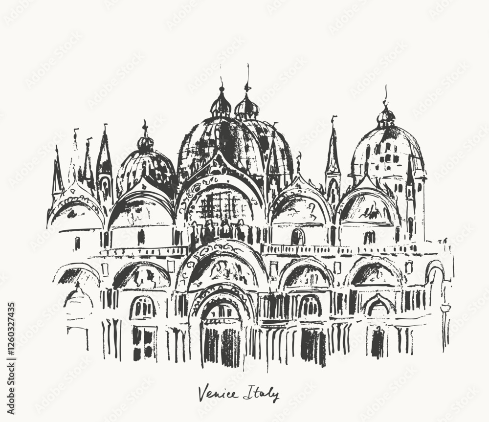 Fototapeta premium Hand drawn Venice architecture urban sketch. Black ink landscape line drawing of Italy ancient cathedral. Travel background for cards and posters.