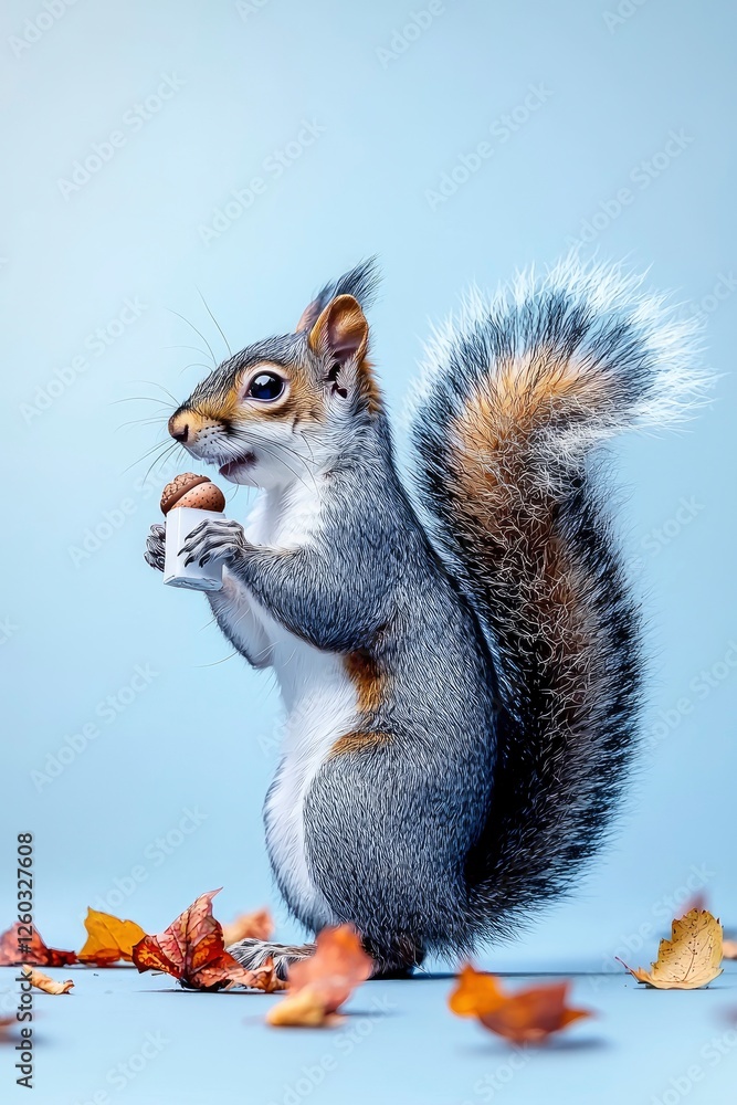 Fototapeta premium Adorable Grey Squirrel Holding an Acorn on a Light Blue Background