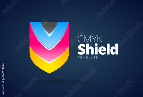 Logo Shield CMYK Printing theme. Template design vector. Black background.