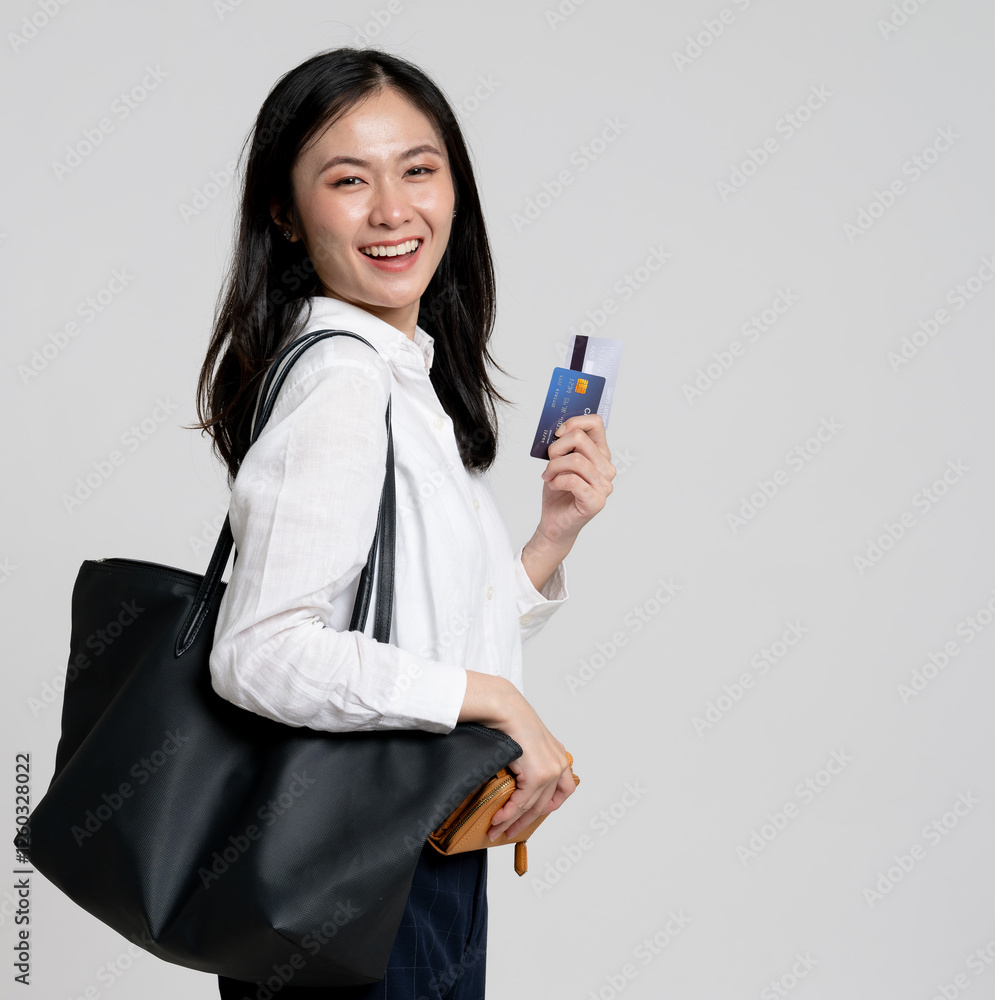 Beautiful Asian woman with credit card and smartphone in hand Beautiful Asian woman with credit card and smartphone in hand