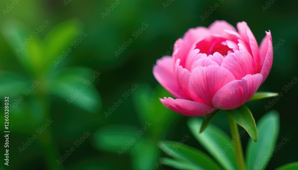 Fototapeta premium a single pink peony with green leaves and stems, lush, garden