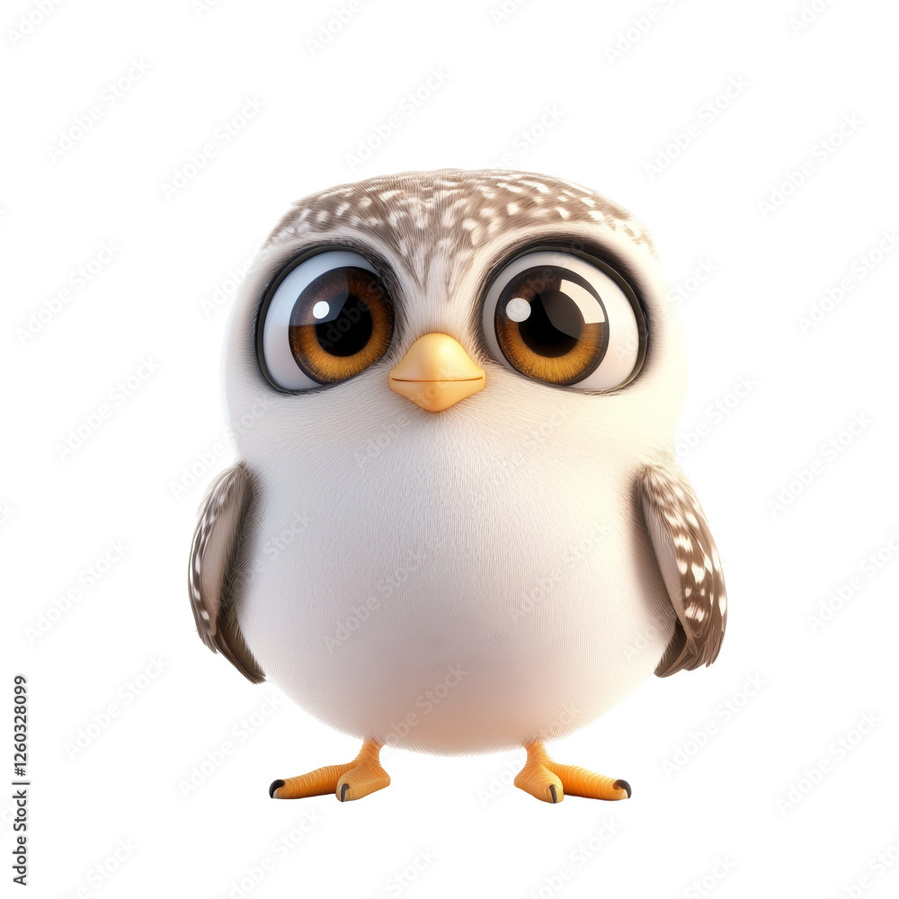 Fototapeta premium Cute baby owl&nbsp; with big eyes in 3D cartoon style&nbsp; Isolated on White Background