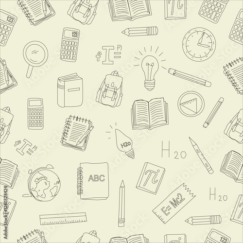 Hand Drawn School and Education seamless pattern. hand drawn stationery design for back to school concept on seamless pattern banner background.hand drawn School Supplies element set.