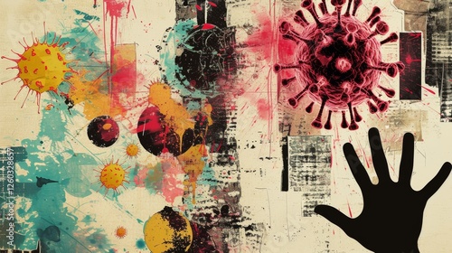 Wallpaper Mural A striking abstract collage featuring virus imagery, a hand silhouette, and vibrant textures, evoking themes of health and uncertainty. AI generated. Torontodigital.ca