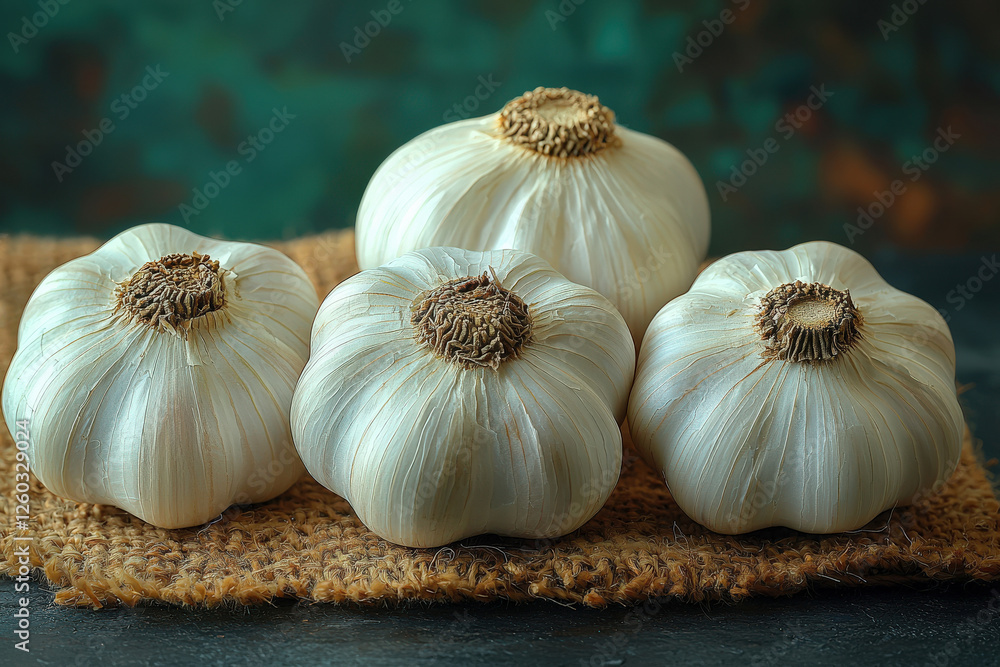 Obraz premium Fresh garlic bulbs placed on a rustic brown mat