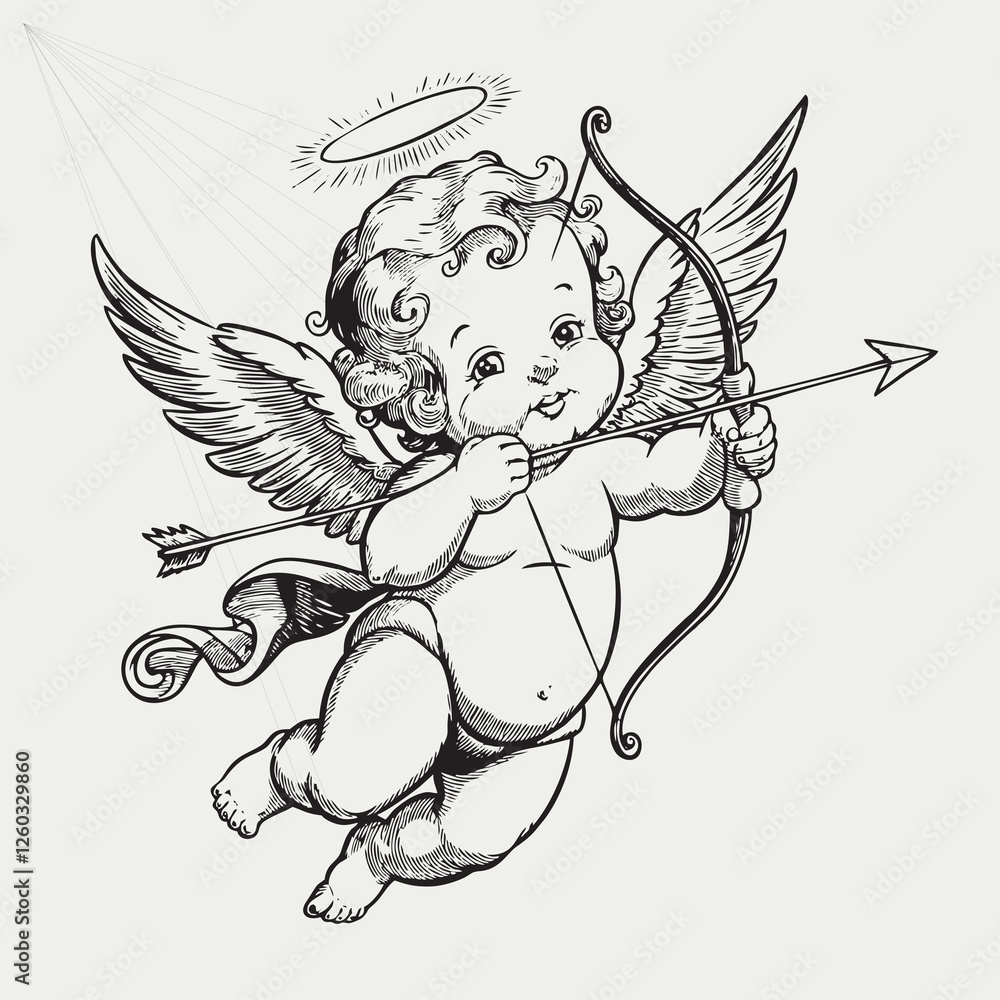 Fototapeta premium Angel Baby Draw Illustration Black And White Cupid