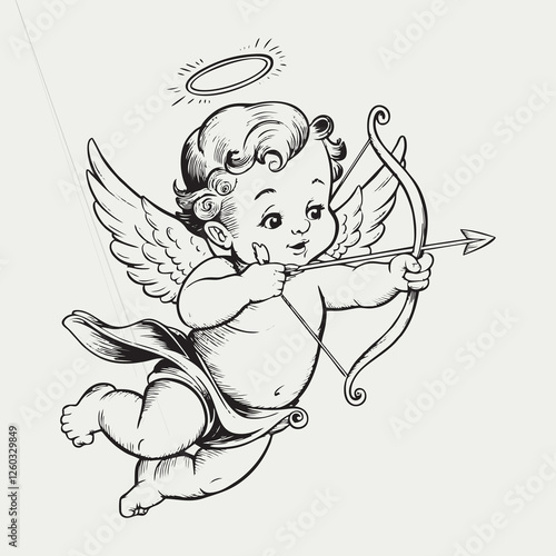 Angel Baby Draw Illustration Black And White Cupid