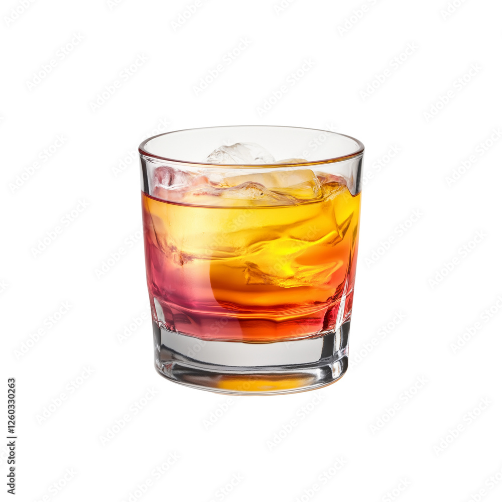A vibrant cocktail with swirling layers of yellow, orange, and pink, served in a clear glass filled with ice.