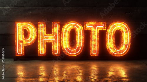 Wallpaper Mural Glowing neon "PHOTO" sign reflecting on a dark industrial floor Torontodigital.ca