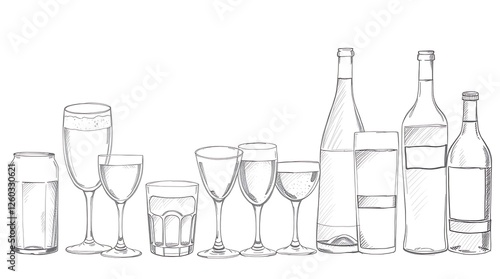 Different alcohol drinks set  - beer, wine, cocktail,juice, champagne, scotch, soda