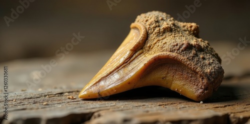 Fossilized Spinosaurus tooth against a wooden surface with geological context, paleontology, spinosaur photo