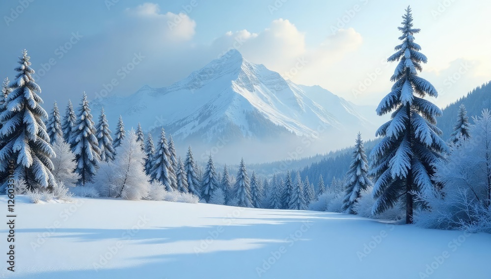 Frosty forest landscape with snow-covered trees and a serene winter sky, mountain, snow, silence Frosty forest landscape with snow-covered trees and a serene winter sky, mountain, snow, silence
