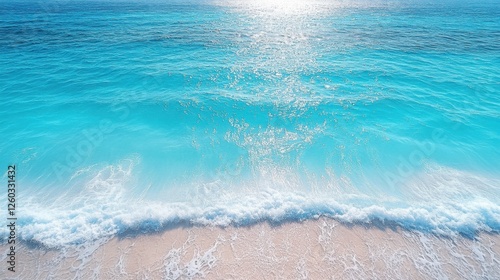 Beach with turquoise water and gentle waves washing ashore under a bright sunny sky

