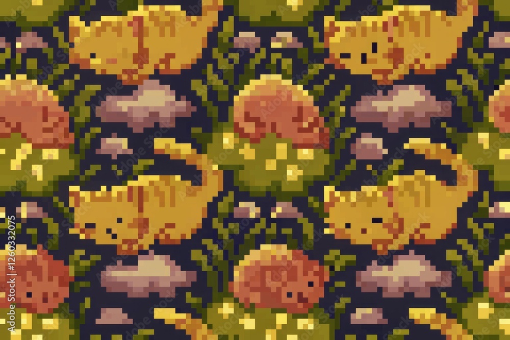 Pixel art pattern of orange and yellow cats with mushrooms and grass. Pixel art pattern of orange and yellow cats with mushrooms and grass.