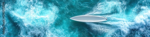 Speedboat navigating through turquoise ocean waves, creating foam trails and splashes on the surface of the water

