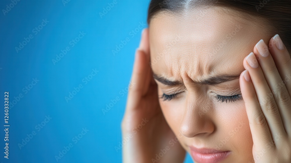 Woman suffering from strong migraine, touching temples with hands and closing eyes near window light Woman suffering from strong migraine, touching temples with hands and closing eyes near window light