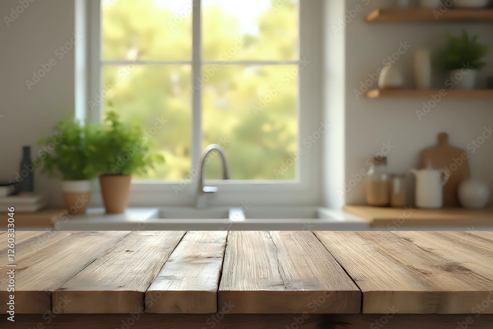 Empty wood table top on blur window sill and kitchen shelf background with copy space Empty wood table top on blur window sill and kitchen shelf background with copy space