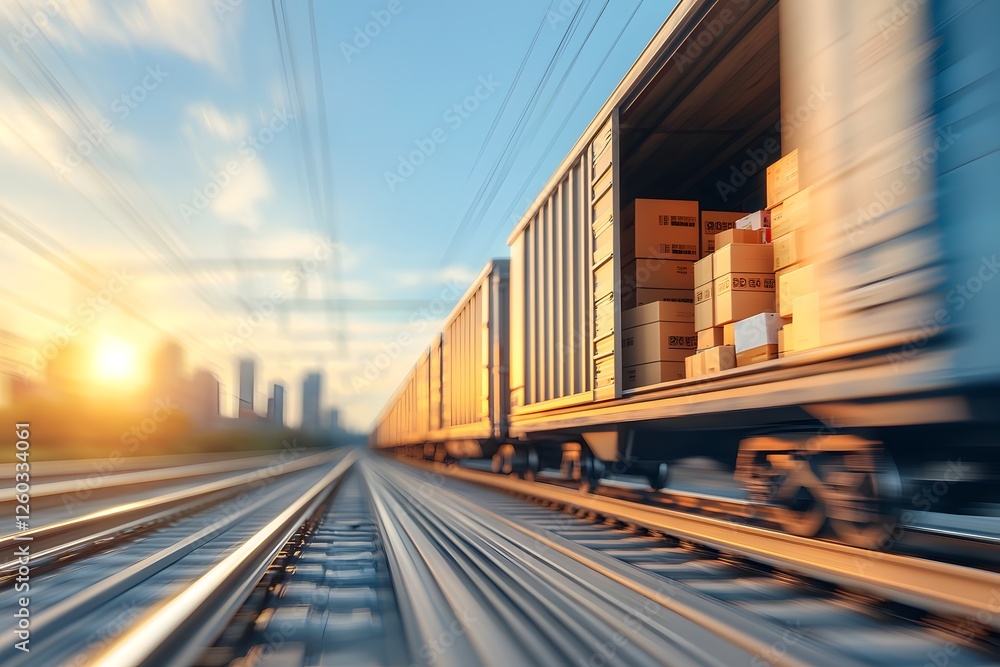 Fototapeta premium Cargo Train Moving Quickly on Tracks at Sunset with City Background