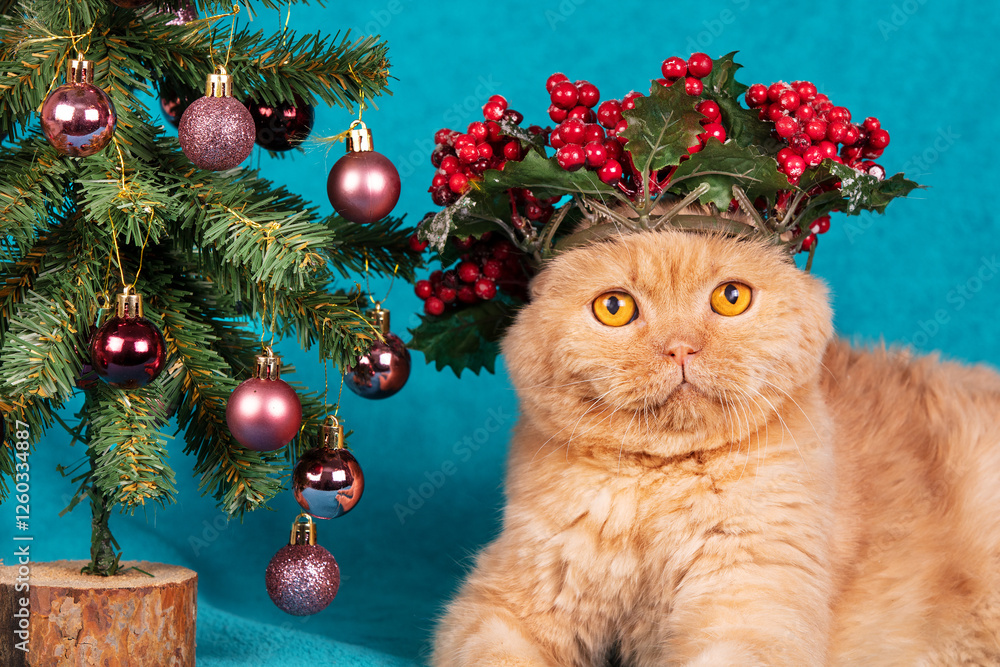 A cute ginger British shorthair cat in a Christmas wreath lies near a decorated Christmas tree on a red blanket