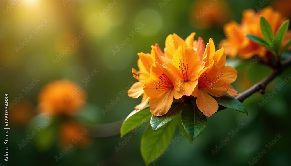 Orange and yellow rhododendron flowers growing on a tree branch, growth, blossoms, botanicals Orange and yellow rhododendron flowers growing on a tree branch, growth, blossoms, botanicals