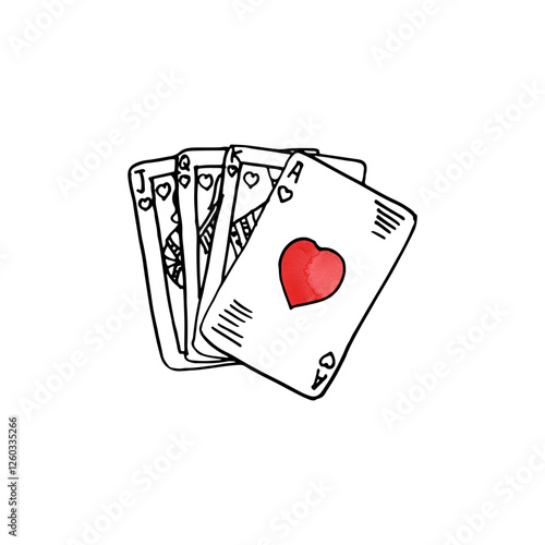 Hand-drawn doodle cartoon card deck of hearts suit of Ace, King, Queen, and Jack.