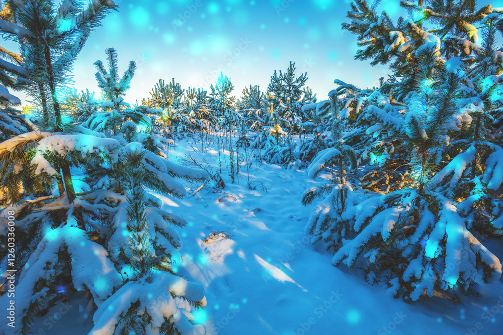 Winter snowy fairy wood. Young pine trees in the snow