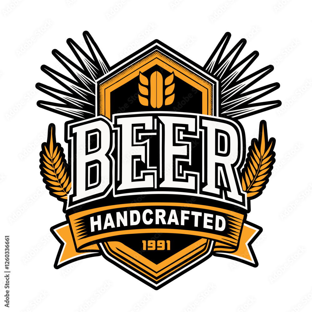 Obraz premium Retro styled handcrafted beer logo featuring barley and hops with a banner and the year of establishment, perfect for breweries, bars, and beer enthusiasts