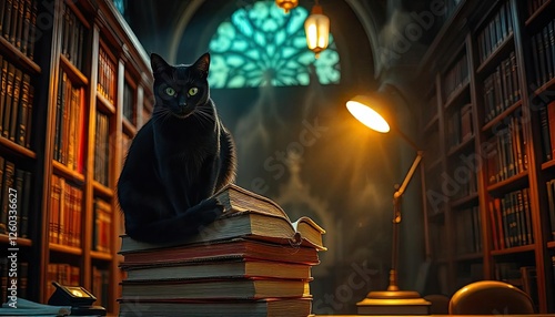 Black cat in the library