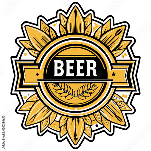 Circular beer label featuring stylized hop cones surrounding a central circle with the word beer and a ribbon banner, suitable for brewery branding or pub signage