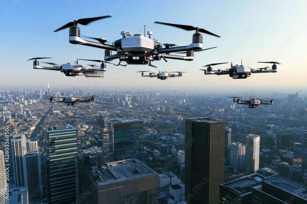 Silver drones navigate the skies above a sprawling cityscape in clear weather.