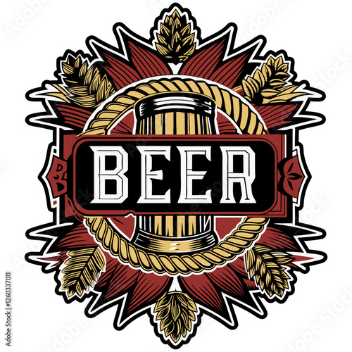 Vintage beer emblem featuring a beer glass, hops, and rope, ideal for brewery, pub, or bar branding, conveying a classic and traditional feel