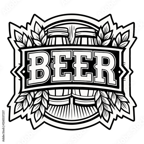 Vintage monochrome beer emblem featuring two wooden barrels, ears of ripe wheat, and the bold inscription beer in a classic, ornate frame, ideal for brewery branding or pub signage