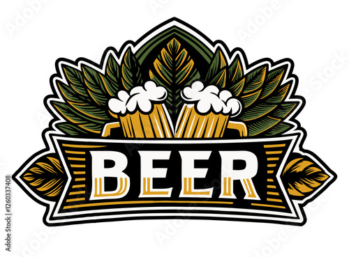 Vintage brewing emblem with two beer mugs toasting over hop cones and leaves, creating a festive and celebratory design for beer lovers and brewers