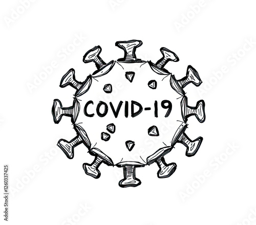 COVID-19 virus coloring page and line art drawing featuring an abstract virus design with labeled elements for educational purposes
