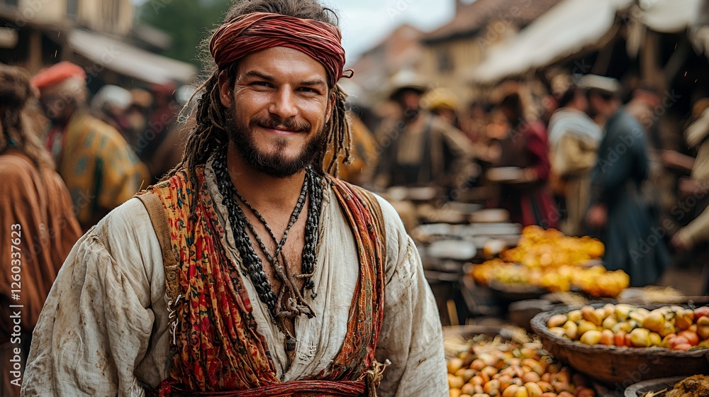 Obraz premium Smiling pirate in medieval market. Possible stock use