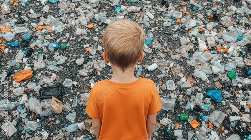 A child stands on a littered ground, surrounded by plastic waste, highlighting the environmental crisis and the impact of pollution on future generations.