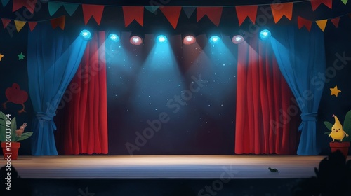 colorful puppet show stage with red curtains and bright spotlights, decorated with festive banners and stars, creates lively and inviting atmosphere