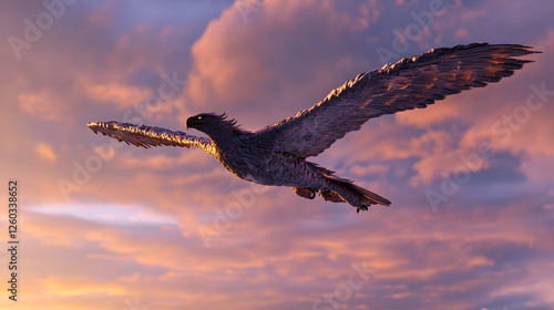 eagle morphing into a dragon, its feathers gradually turning into shimmering reptilian wings against a twilight sky  photo