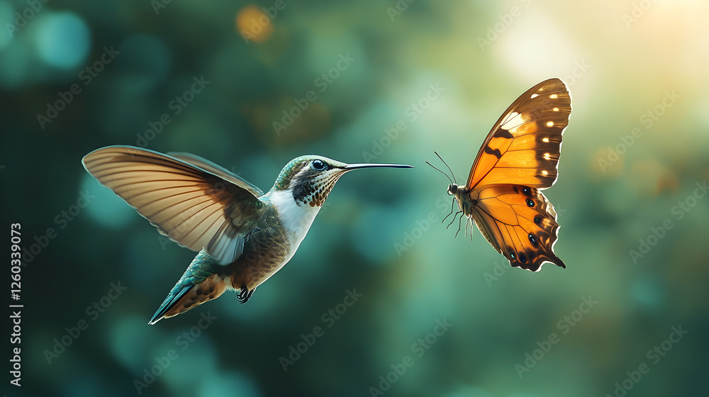 Fototapeta premium hovering in midair, shifting into a delicate butterfly as its wings shimmer between forms